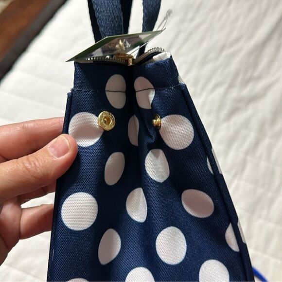 kate spade Navy White Jumbo Polka Dot Gold Tone Zip Lunch Bag - Picture 4 of 9
